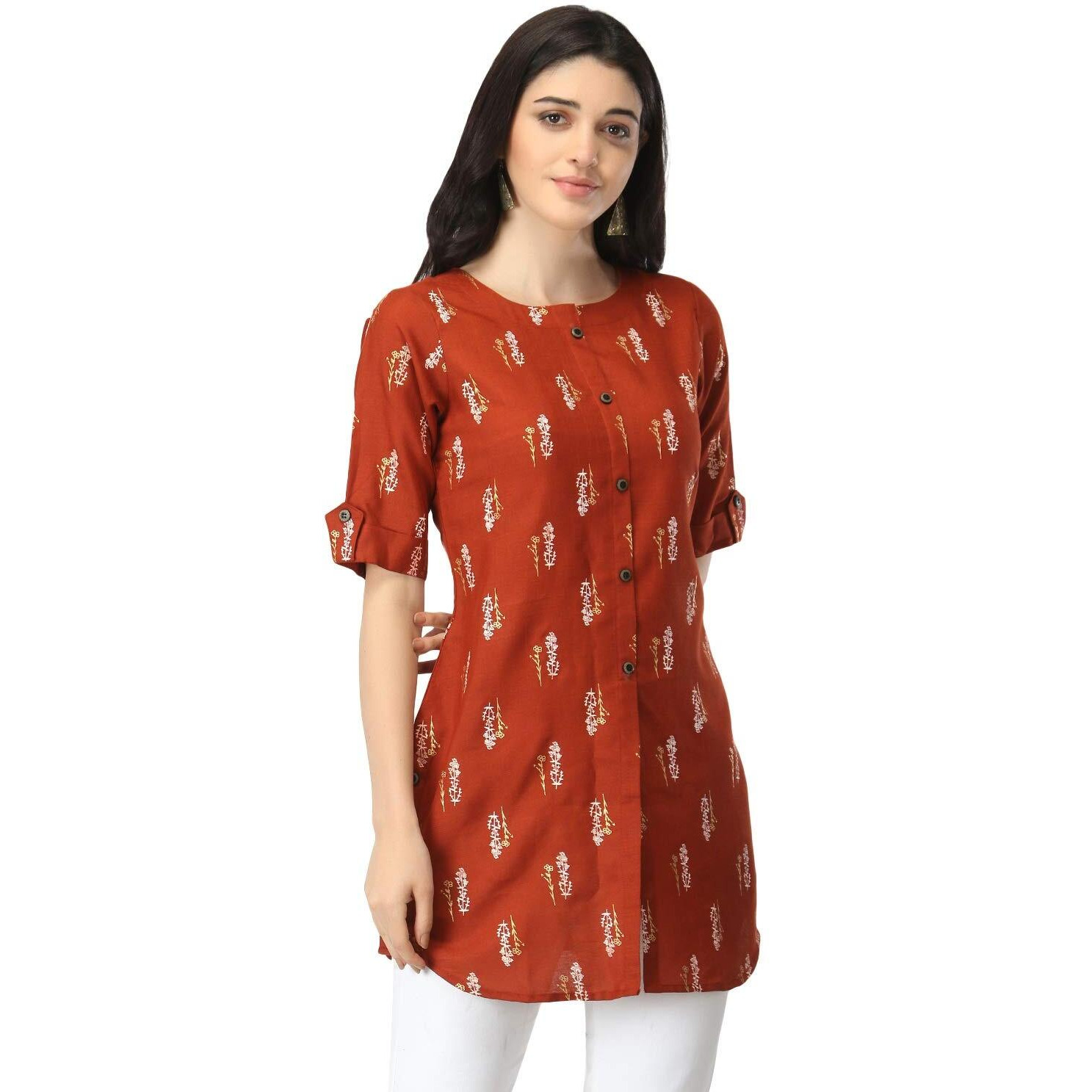 Dhruvi Trendz Women's Slub Rayon Regular Fit Kurti (2021_Orange_Large)