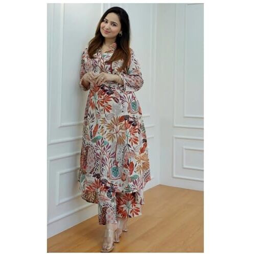 Dhruvi Trendz Women Cotton Blend Fancy Kurta Set Regular Fit Printed (Dt-K2716&P138_Multi_M) Multicolour