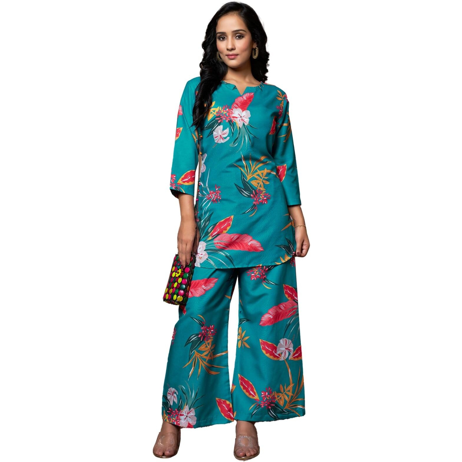 Dhruvi Trendz Women's Rayon Floral Co-Ord Set Regular Fit Casual (Dt-W1854&Tr911_Turquoise_Medium)