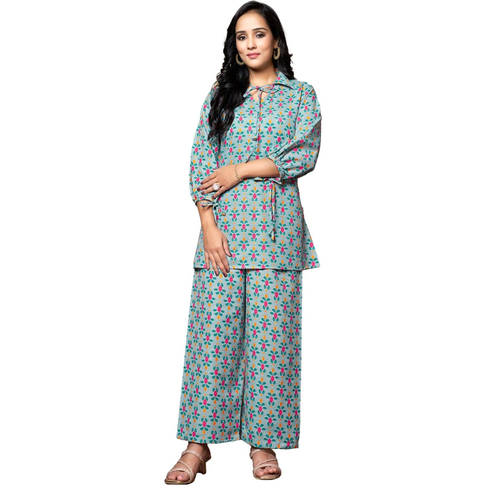 Dhruvi Trendz Womens Cotton Blend Floral Co-Ord Set Regular Fit Night Dress (Dt-W1704&Tr797_Light Green_Medium)
