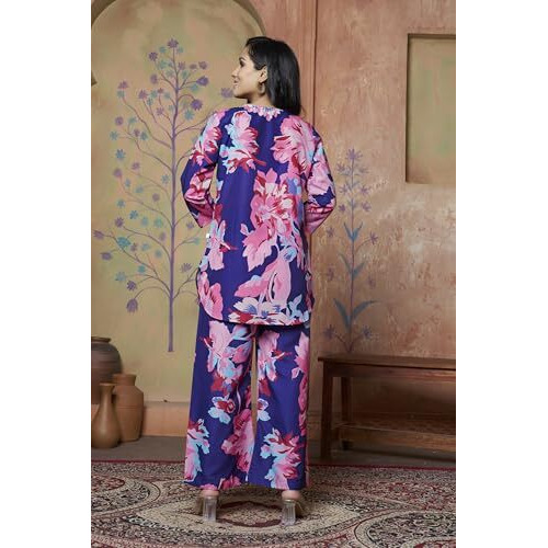 Dhruvi Trendz Womens Rayon Co-Ord Set Regular Fit Casual (Dt-W1853&Tr910_Navy Blue_Xl), Floral