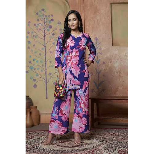 Dhruvi Trendz Womens Rayon Co-Ord Set Regular Fit Casual (Dt-W1853&Tr910_Navy Blue_Xl), Floral
