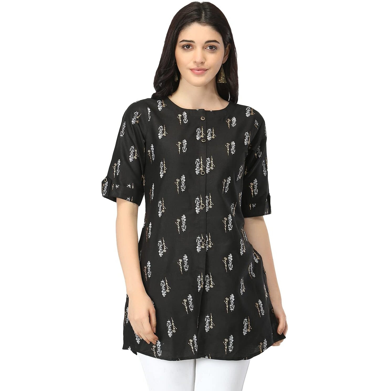 Dhruvi Trendz Women Cotton Blend Kurties Regular Fit Casual Fancy (Dt-K2475_Black_M)