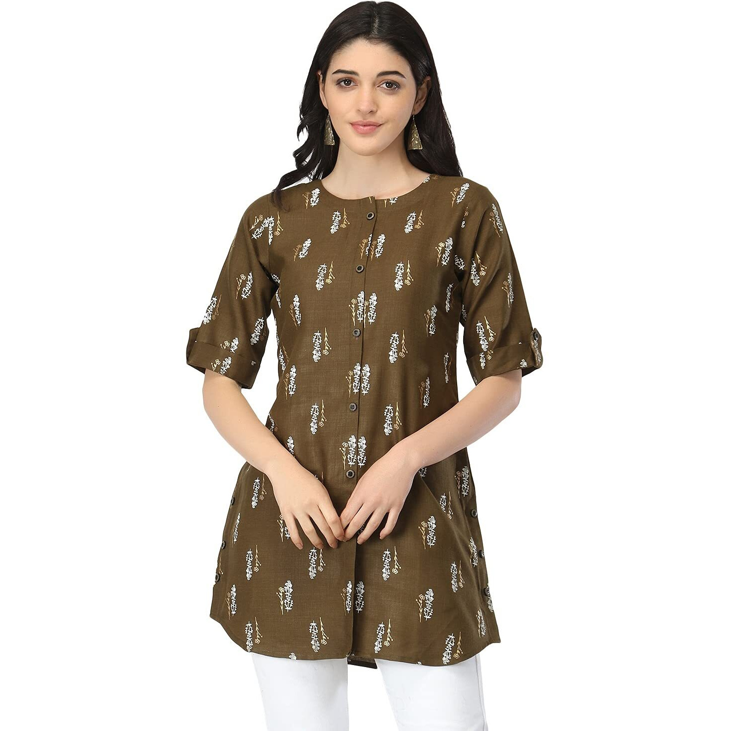 Dhruvi Trendz Women Cotton Blend Kurties Regular Fit Casual Fancy (Dt-K2480_Brown_S)