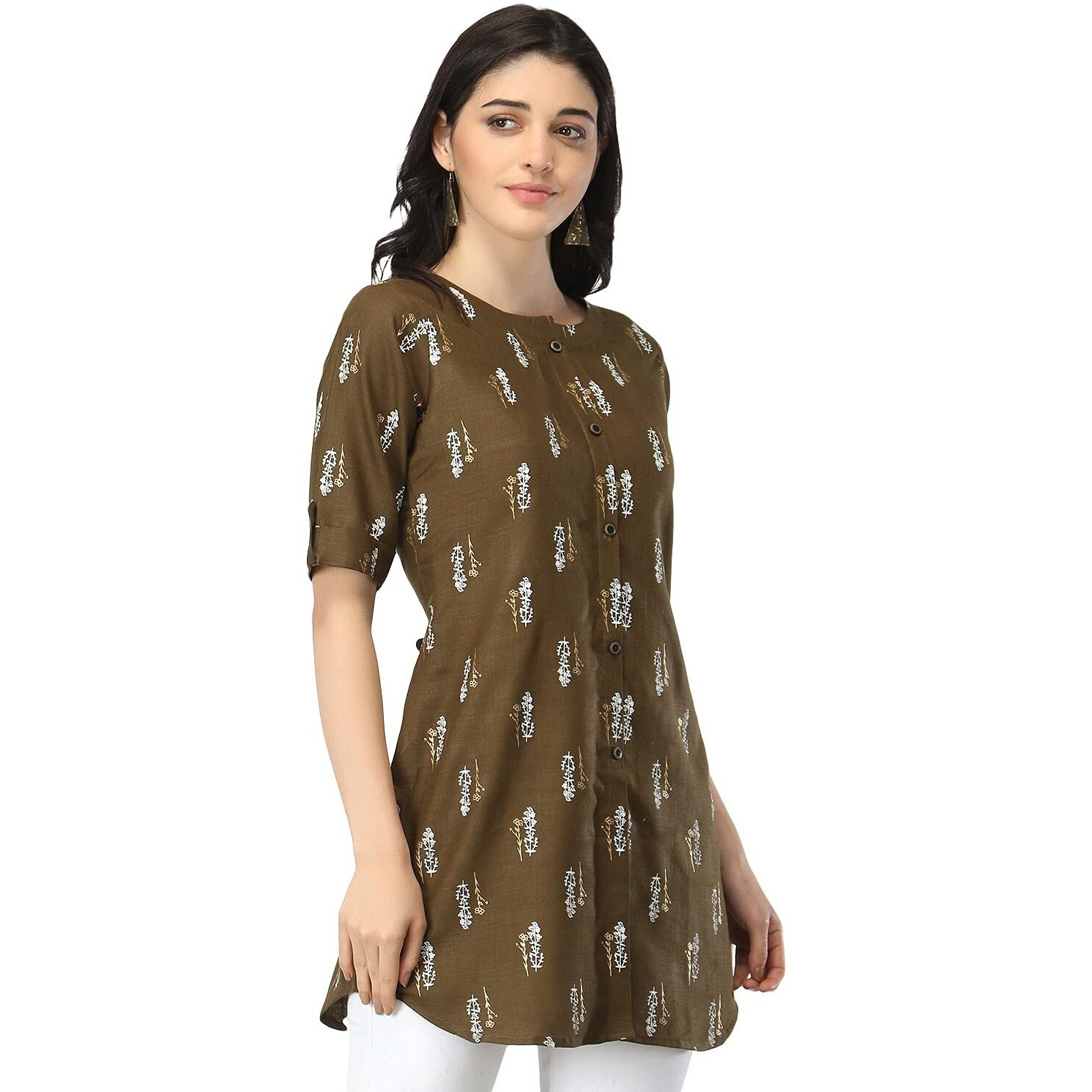 Dhruvi Trendz Women Cotton Blend Kurties Regular Fit Casual Fancy (Dt-K2480_Brown_S)