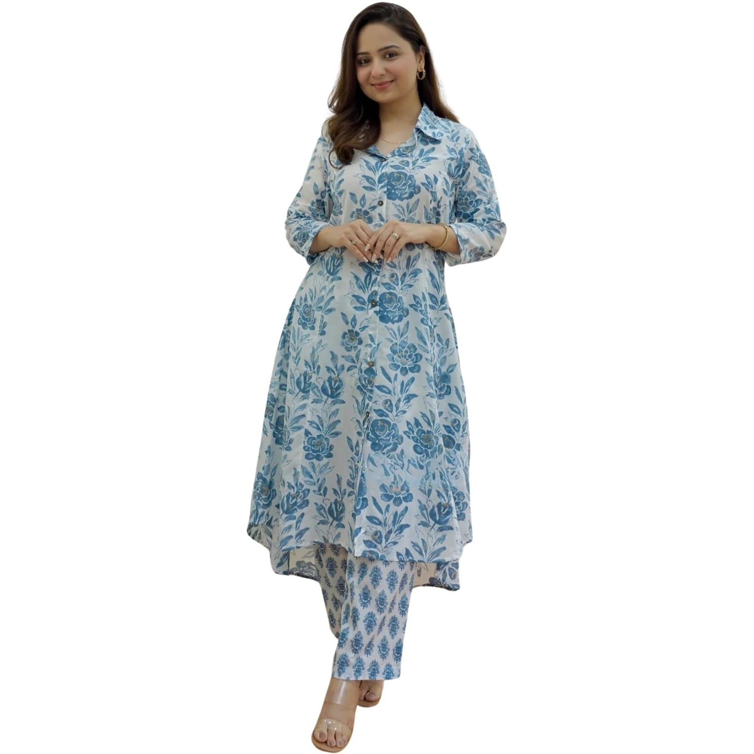 Dhruvi Trendz Womens Rayon Printed Co-Ord Kurta Set Regular Fit Casual (Dt-W1835&Tr892_Skyblue_L)