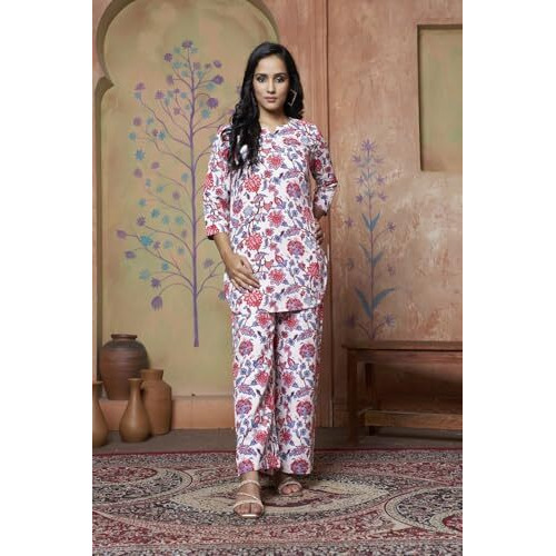 Dhruvi Trendz Womens Cotton Blend Co-Ord Set Regular Fit Night Dress (Dt-W1705&Tr798_Cream_S)