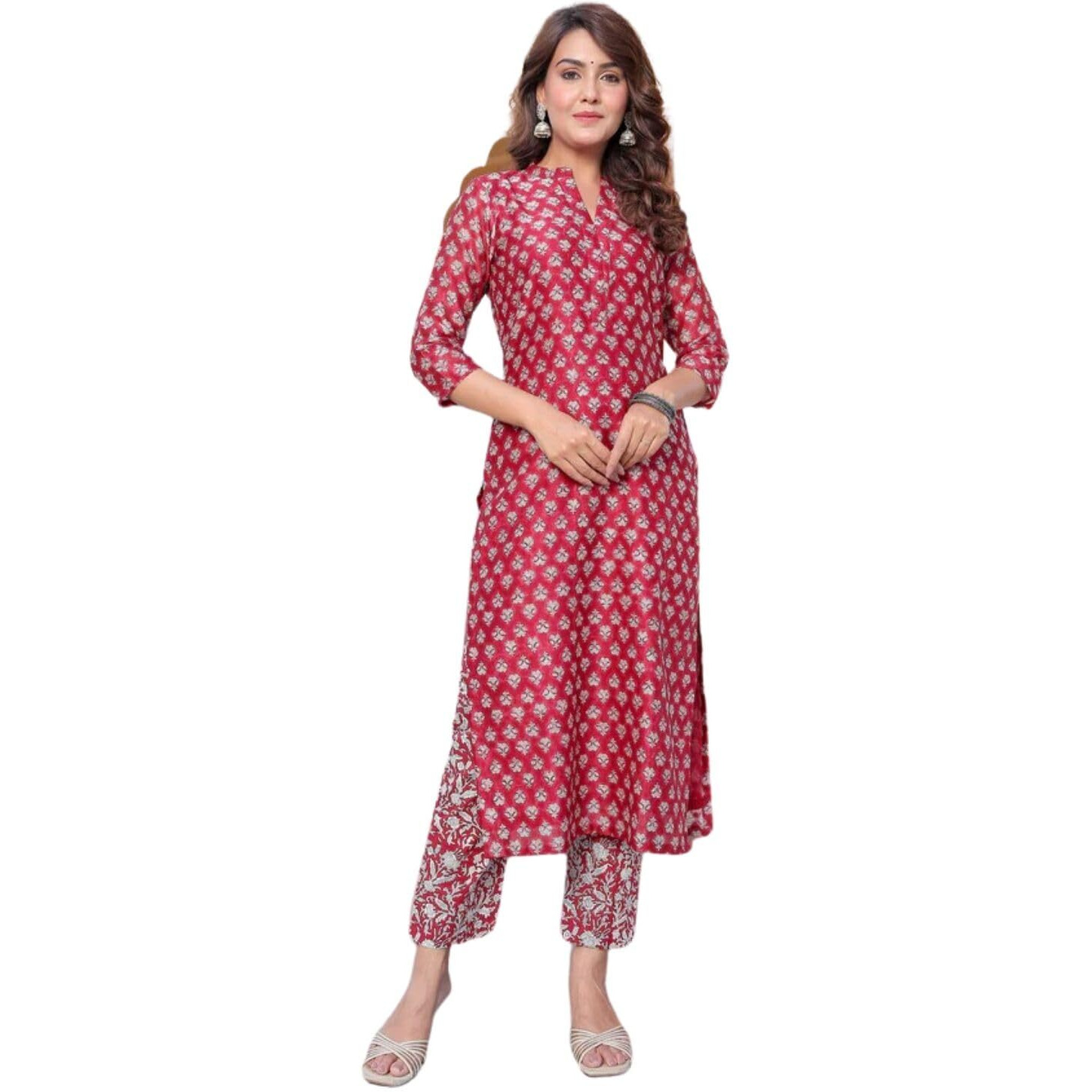 Dhruvi Trendz Women Cotton Blend Fancy Kurta Set Regular Fit Printed (Dt-K2709&P131_Red_Xl)