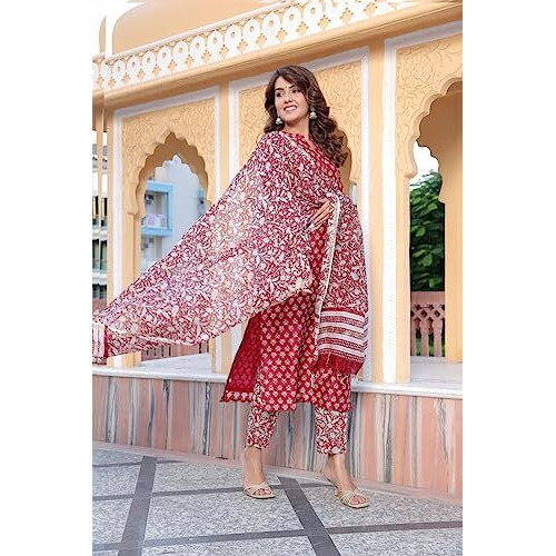 Dhruvi Trendz Women Cotton Blend Fancy Kurta Set Regular Fit Printed (Dt-K2709&P131_Red_Xl)