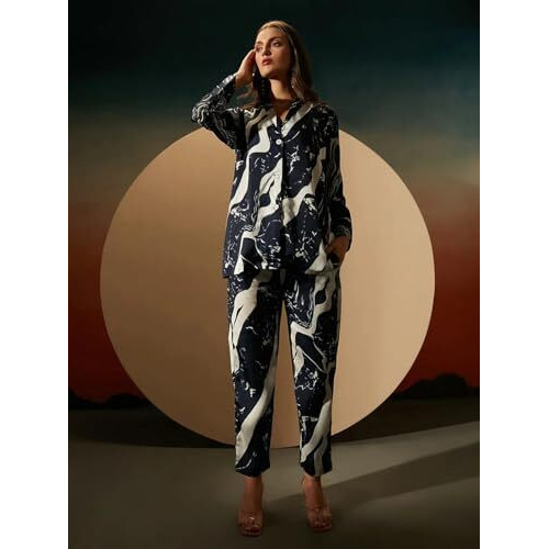 Dhruvi Trendz Rayon Night Dress For Women Fancy Wavy Printed Collared Neck Button Front Shirt Style Nightwear Loungewear Sleepwear Pajama Set Party Outing Wear Night Suit Set Dt-W1746&Tr829 Black