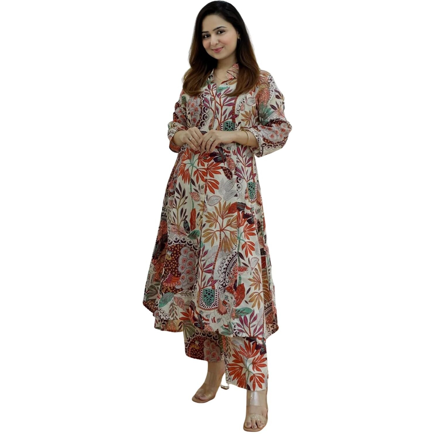 Dhruvi Trendz Women Cotton Blend Fancy Kurta Set Regular Fit Printed (Dt-K2716&P138_Multi_Xl) Multicolour