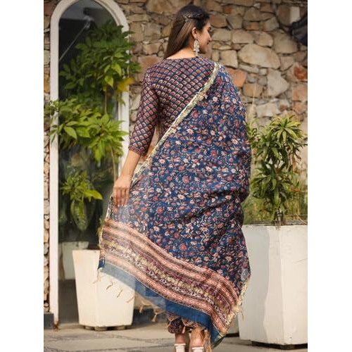 Dhruvi Trendz Women Cotton Blend Fancy Kurta Set Regular Fit Printed (Dt-K2706&P128_Blue_M)