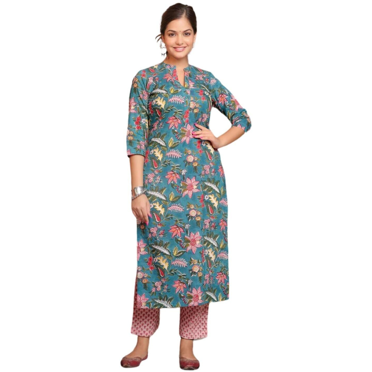 Dhruvi Trendz Women Cotton Blend Fancy Kurta Set Regular Fit Printed (Dt-K2710&P132_Teal_L)
