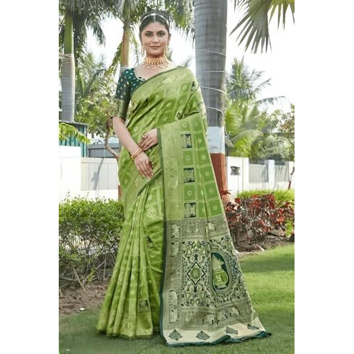 Yashika Women's Banarasi Kanjivaram Silk Woven Saree | Animal Printed Patola Silk Saree For Women (Az-Ys-Og-Houseful Pista)