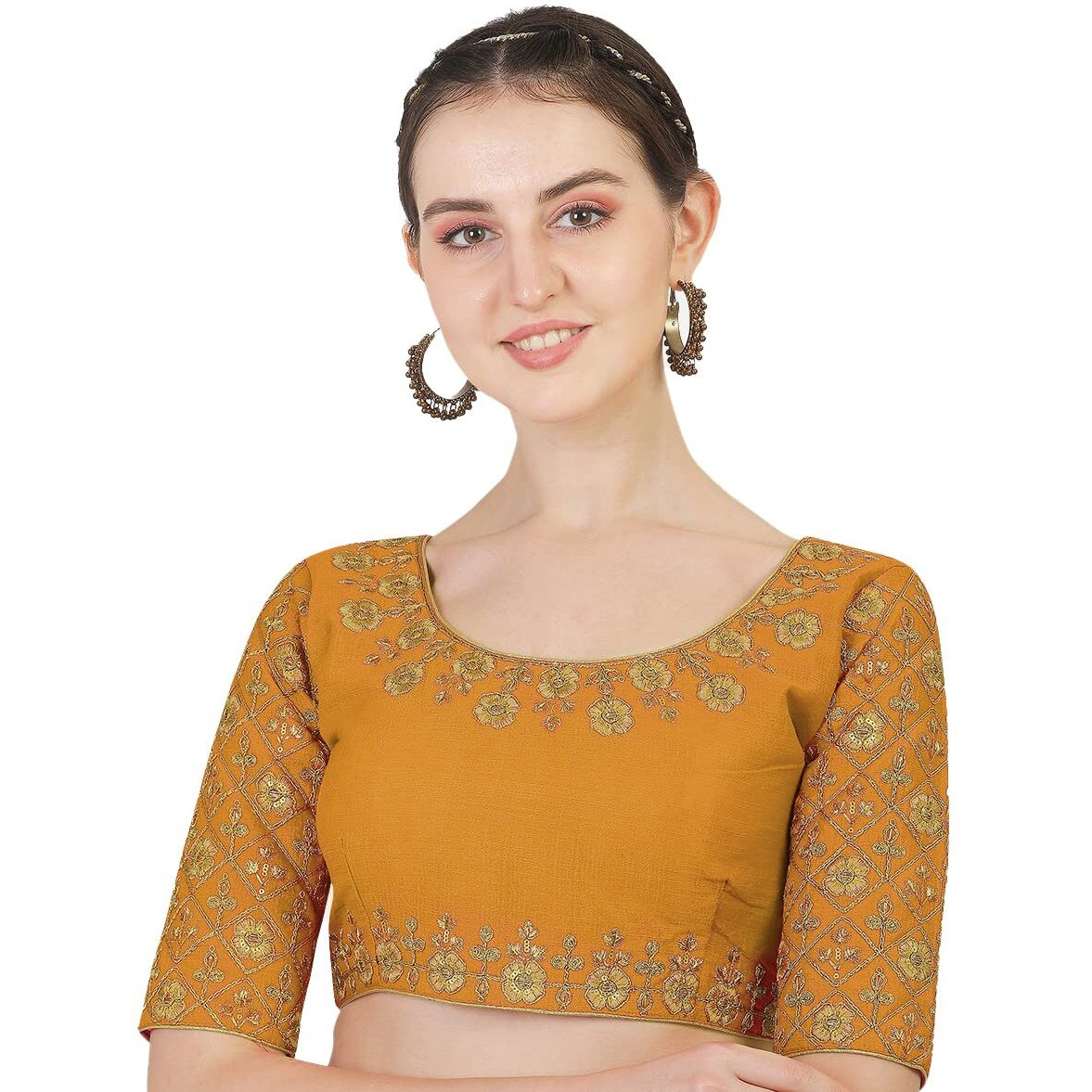 Pujia Mills Women's Phantom Silk Embroidery And Zari Work Half Sleeve Saree Blouse (Yellow)