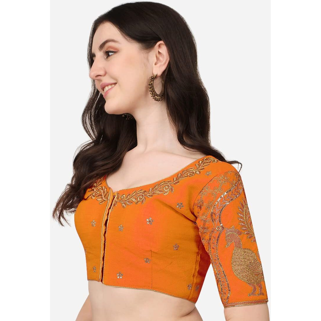 Pujia Mills Women's Silk Solid Half Sleeve Readymade Blouse (Morya_Orange_38)