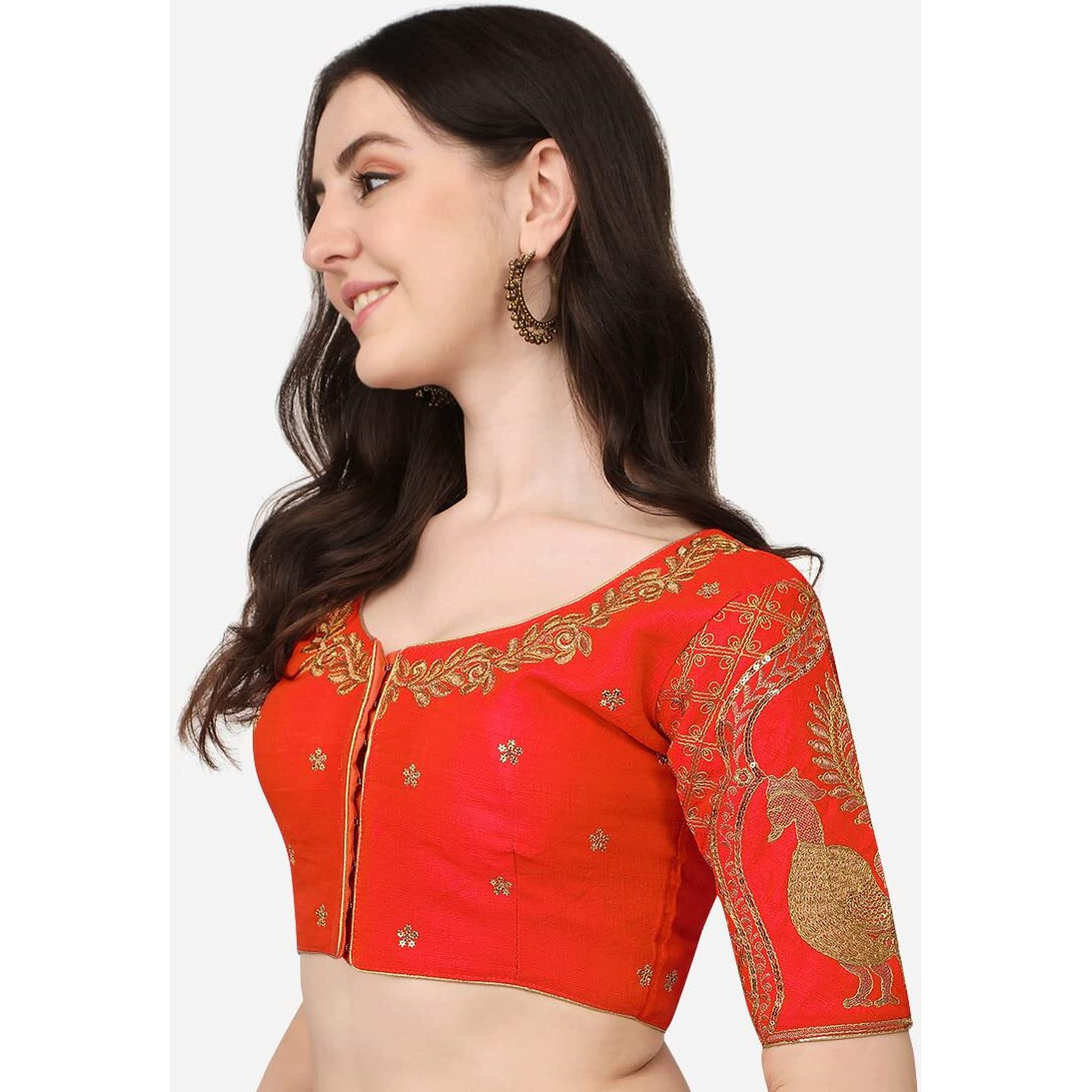 Pujia Mills Women's Phantom Silk Embroidery Handwork & Sequin Work Peacock Design Half Sleeve Readymade Blouse (Mor Blouse_Gold_38 Size+Margin) (Red, 38)