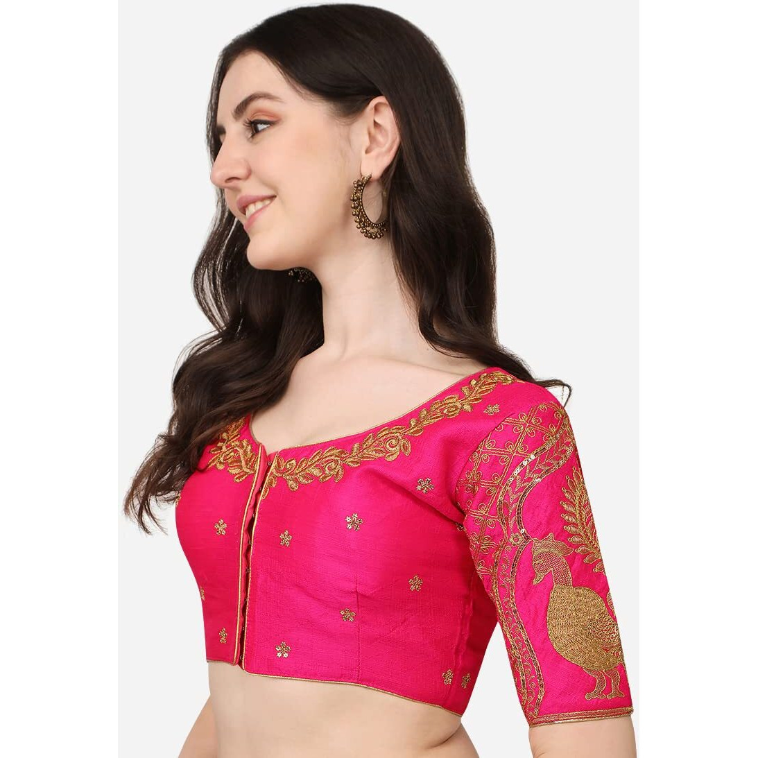 Pujia Mills Women's Phantom Silk Peacock Work Half Sleeves Readymade Saree Blouse For Lehenga (Pink)(Size 38+Margin)