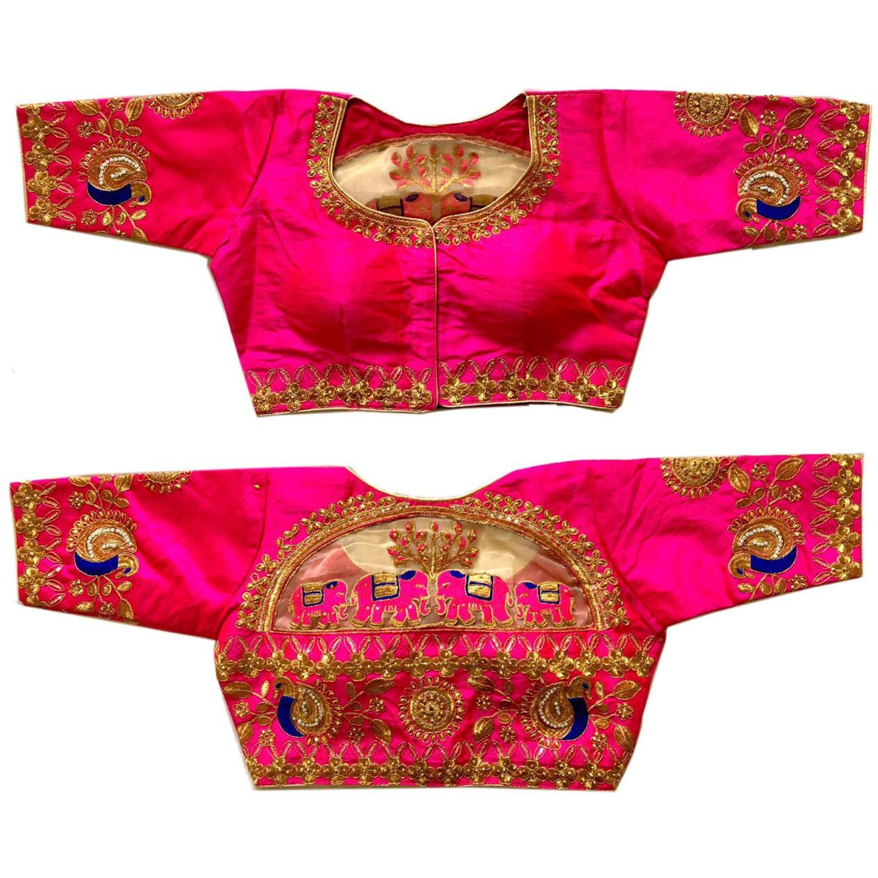 Pujia Mills Women's Phantom Silk Elephant Half Sleeve Saree Blouse (Pink, 38)