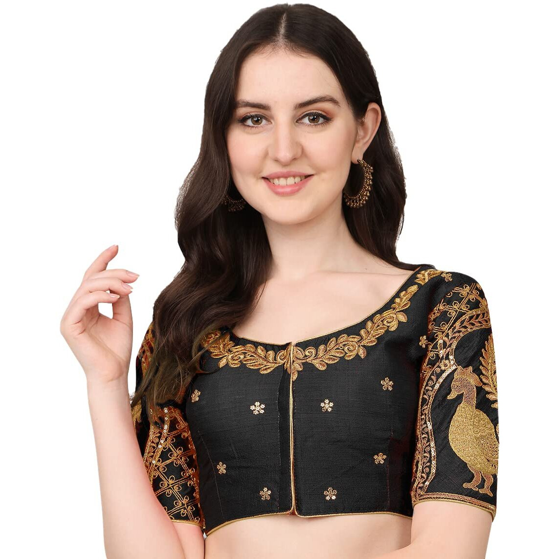 Pujia Mills Women's Phantom Silk Peacock Work Half Sleeve Blouses Designs For Saree And Lehenga (Size 38+Margin) (Black)