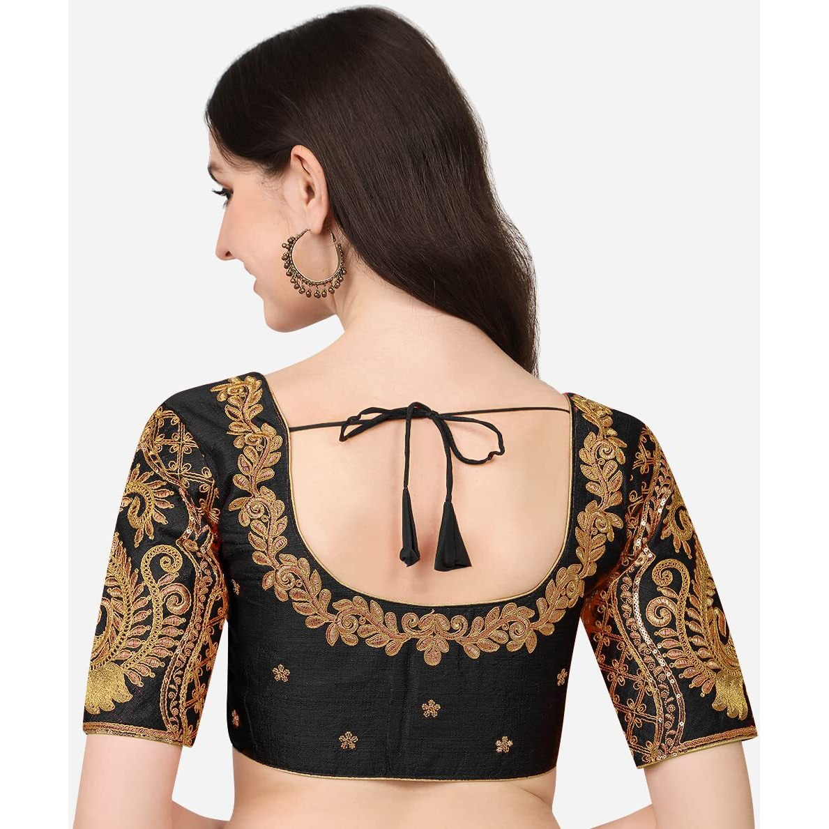 Pujia Mills Women's Phantom Silk Peacock Work Half Sleeve Blouses Designs For Saree And Lehenga (Size 38+Margin) (Black)