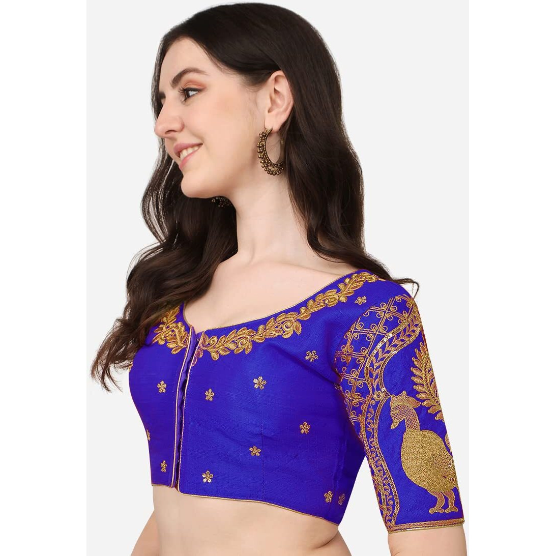 Pujia Mils Women's Silk Sleeveless Saree Blouse (Morya Blouse_Royal Blue_38)