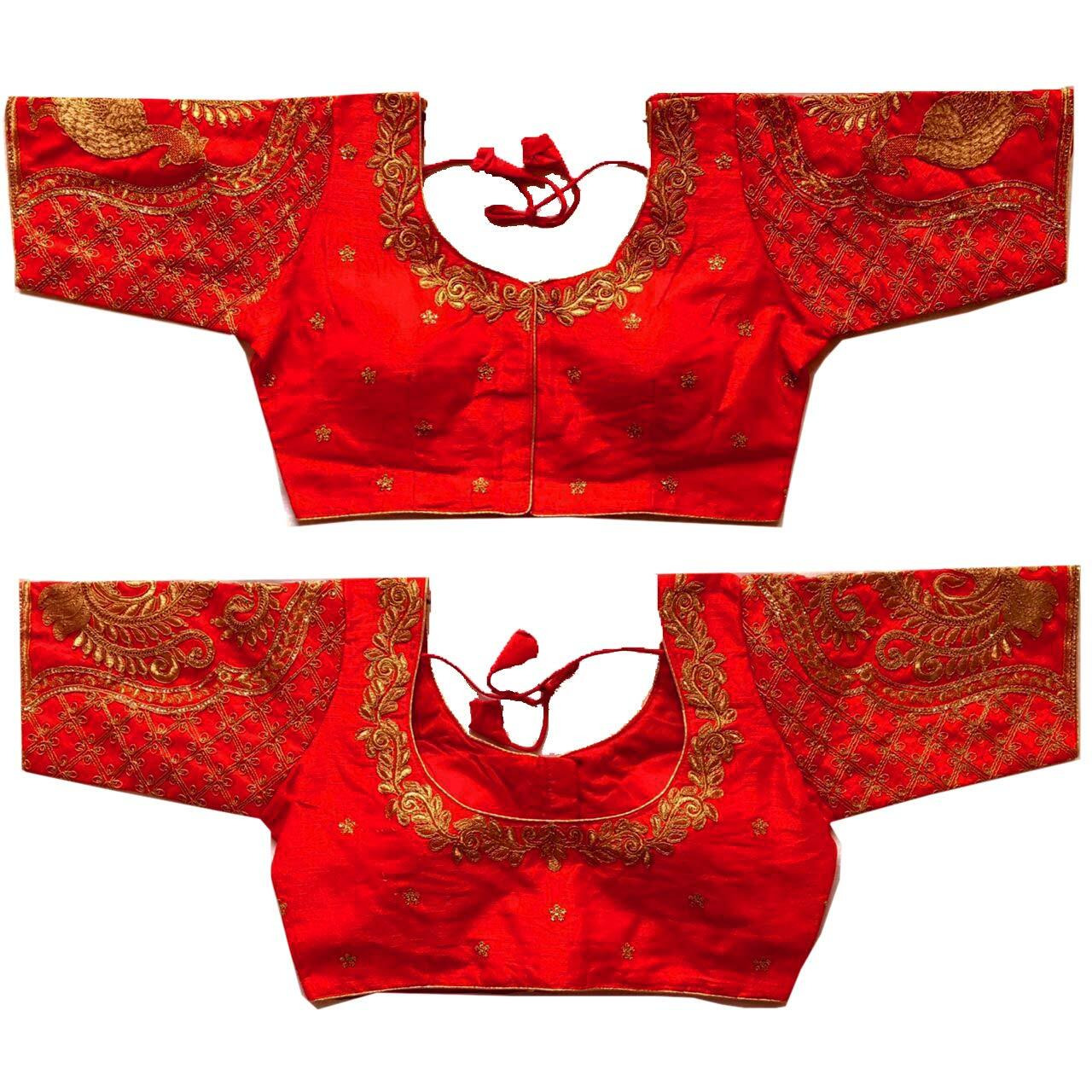 Pujia Mils Women's Silk Peacock Half Sleeve Blouse (Morya Blouse_Red_38)