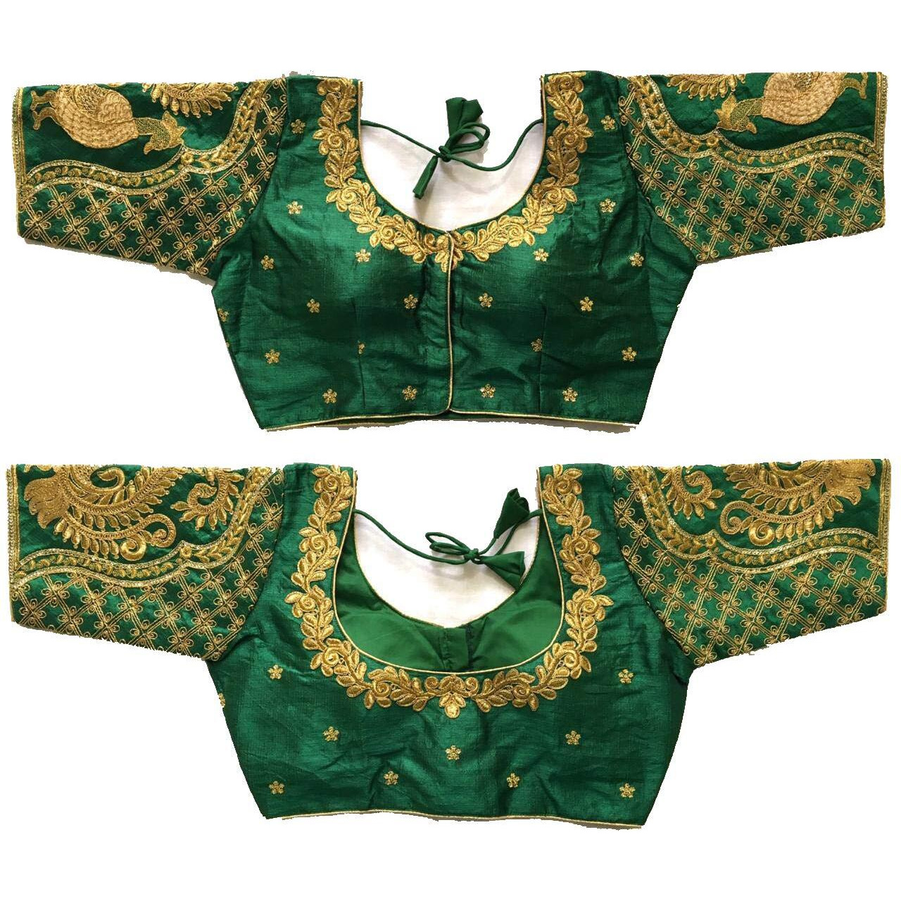Pujia Mils Women's Silk Embroidered Half Sleeve Blouse (Morya Blouse_Green_38)