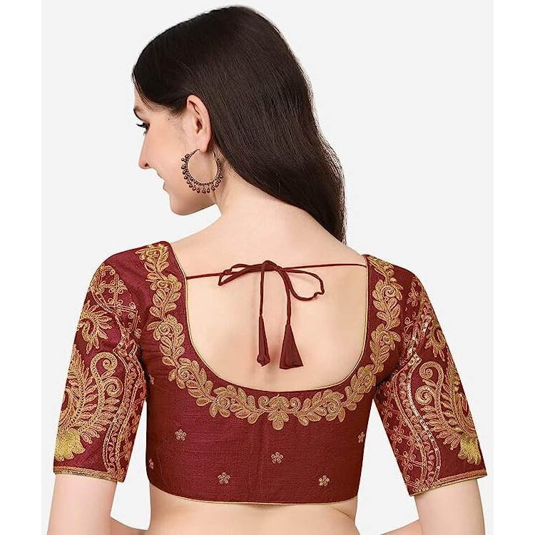 Pujia Mils Women's Silk Embroidered Half Sleeve Blouse (Morya Blouse_Maroon_38)