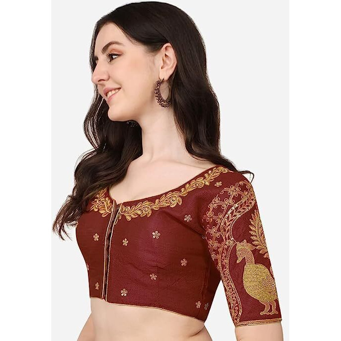 Pujia Mils Women's Silk Embroidered Half Sleeve Blouse (Morya Blouse_Maroon_38)