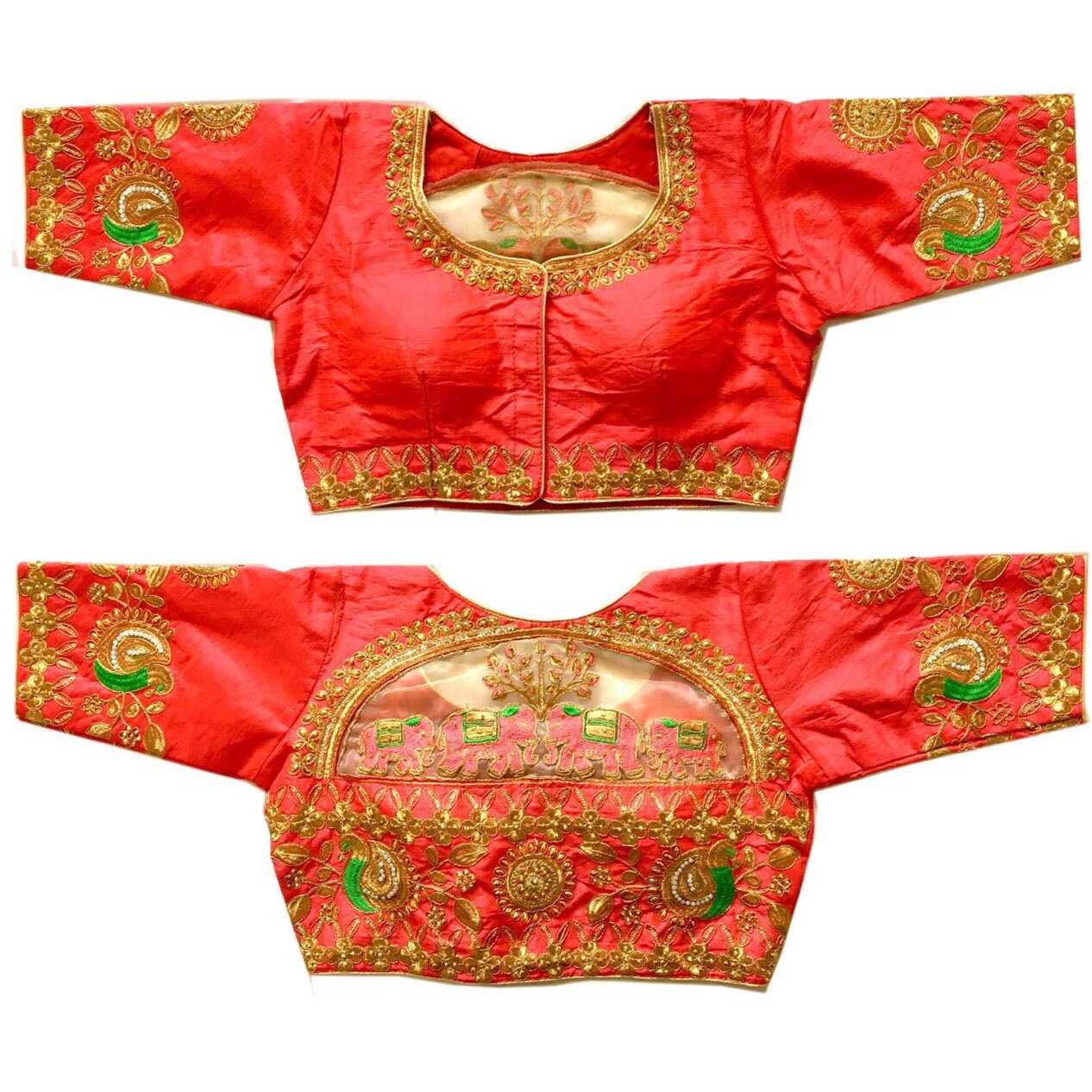 Pujia Mills Women's Phantom Silk Embroidery Handwork Stone Work Design Bridal Half Sleeves Blouse (Gajri)(Size 38+Margin)