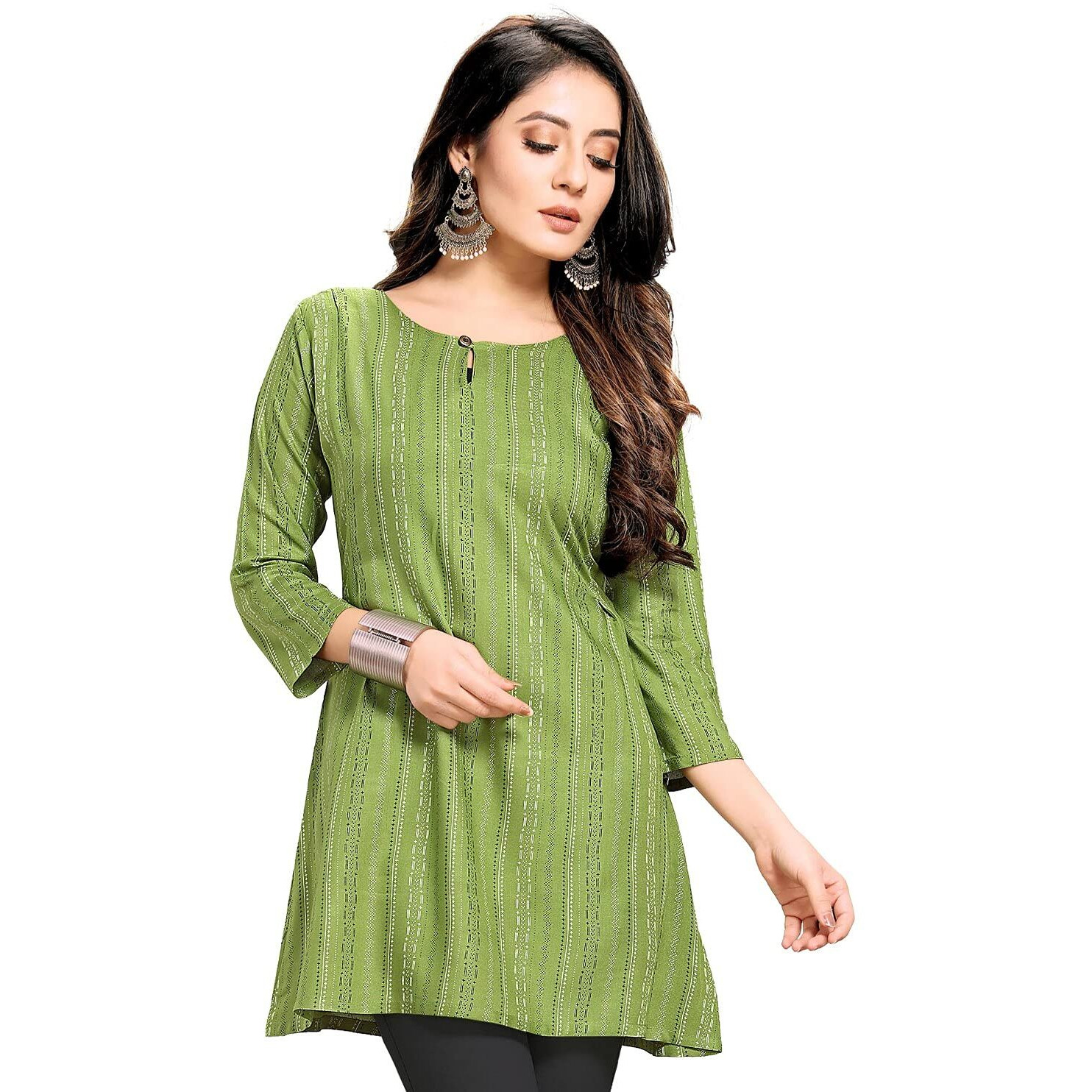 Shiv Textiles Rayon Fabric Printed Round Neck Short Kurtis For Women Top Dresses Kurti For Girls & Ladies Kurtis - (Green_Small)