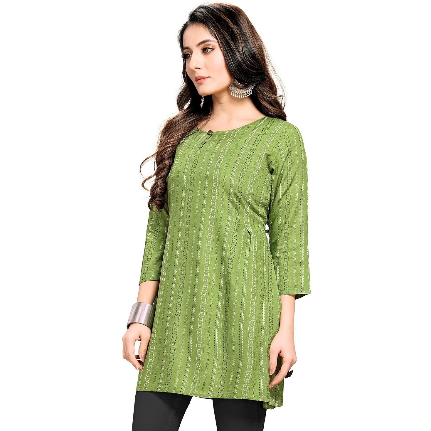 Shiv Textiles Rayon Fabric Printed Round Neck Short Kurtis For Women Top Dresses Kurti For Girls & Ladies Kurtis - (Green_Small)
