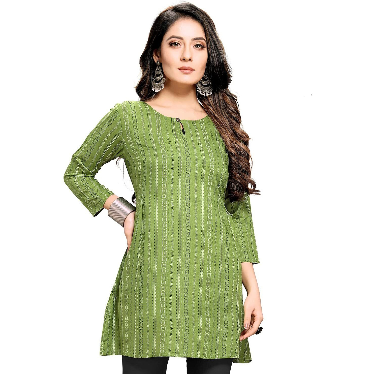 Shiv Textiles Rayon Printed Round Neck Short Kurtis For Women. (Green_Xx-Large)