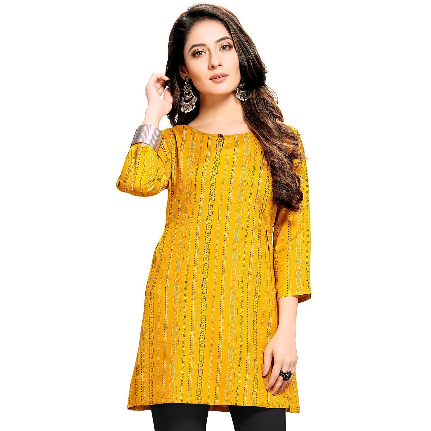 Shiv Textiles Rayon Fabric Printed Round Neck Short Kurtis For Women Top Dresses Kurti For Girls & Ladies Kurtis - (Yellow_Large)