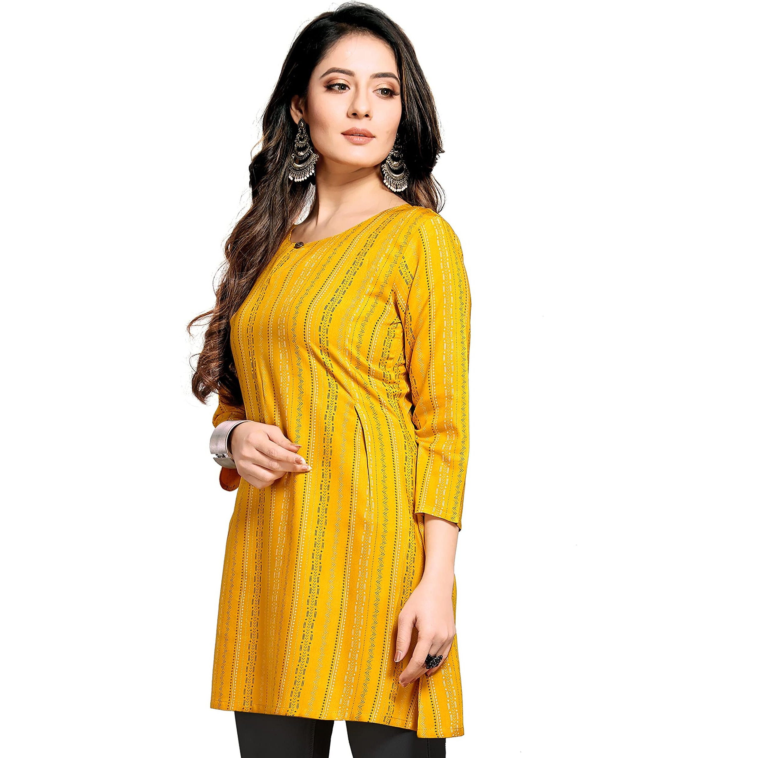 Shiv Textiles Rayon Fabric Printed Round Neck Short Kurtis For Women Top Dresses Kurti For Girls & Ladies Kurtis - (Yellow_Large)