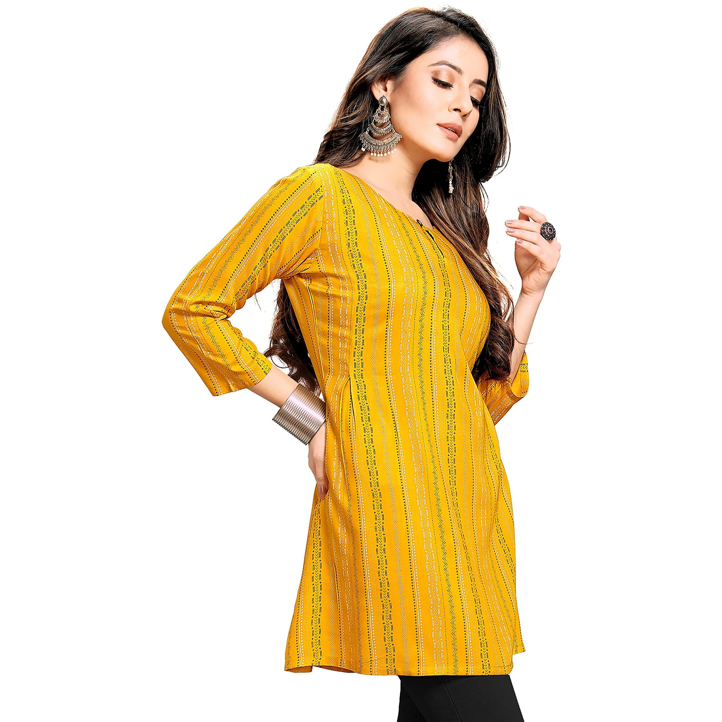Shiv Textiles Rayon Fabric Printed Round Neck Short Kurtis For Women Top Dresses Kurti For Girls & Ladies Kurtis - (Yellow_Large)
