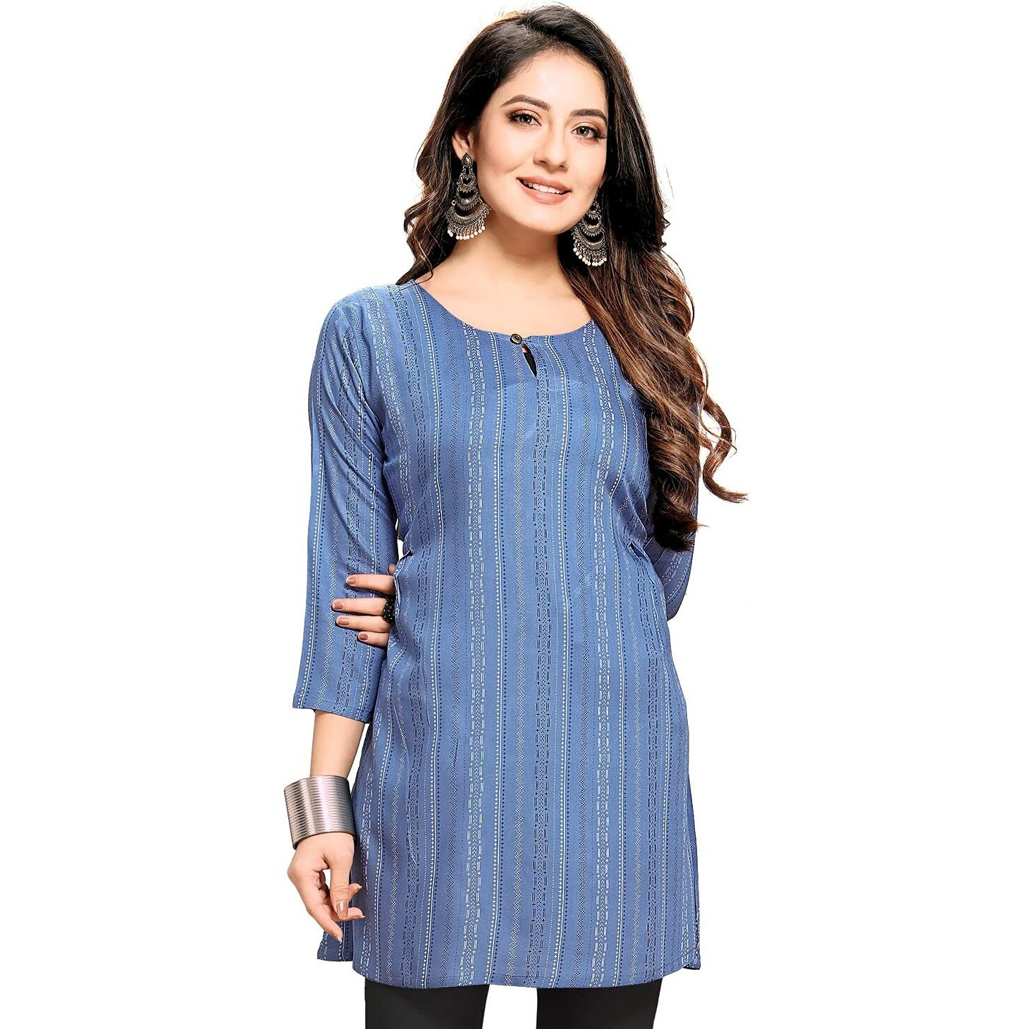 Shiv Textiles Rayon Fabric Printed Round Neck Short Kurtis For Women Top Dresses Kurti For Girls & Ladies Kurtis - (Blue_Small)