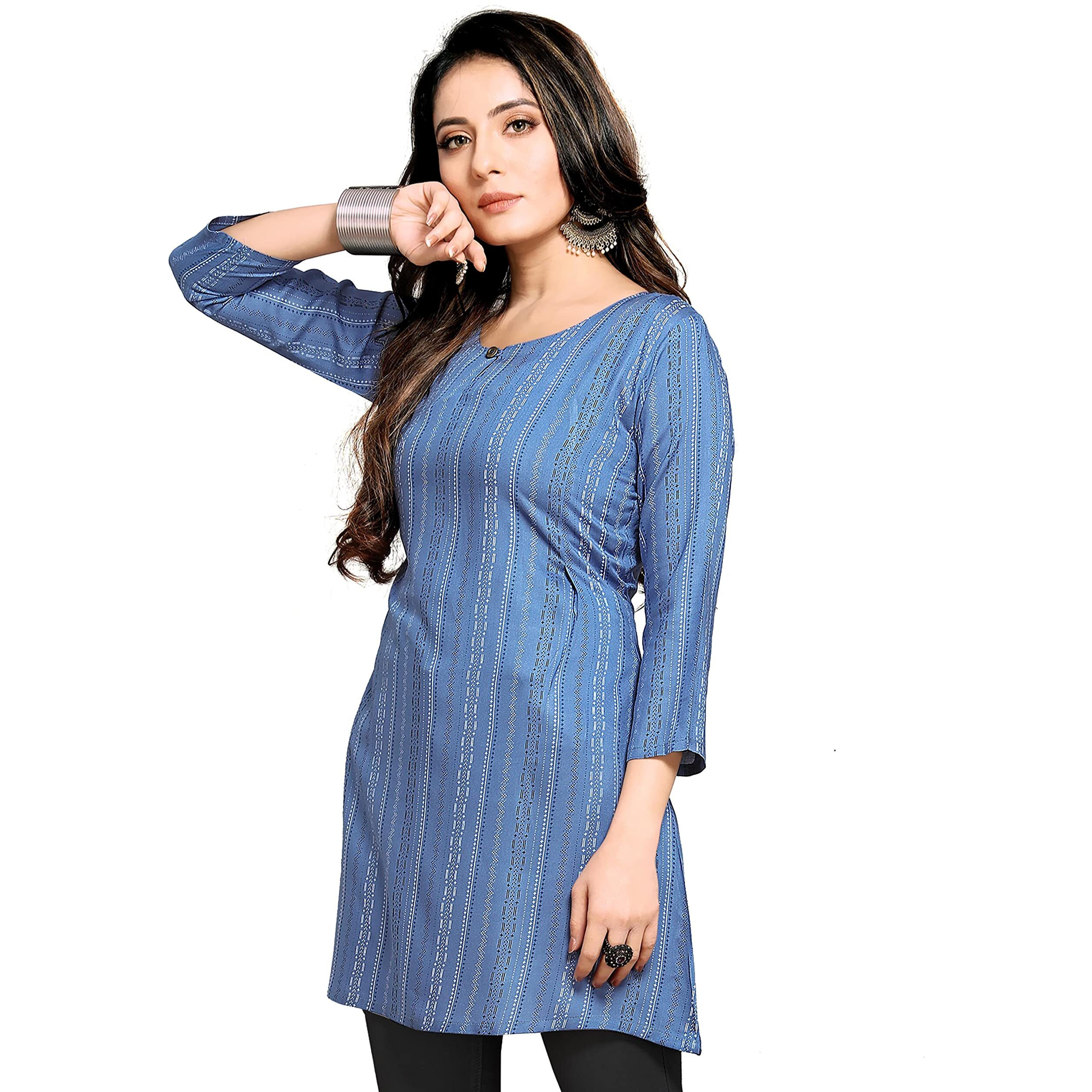Shiv Textiles Rayon Fabric Printed Round Neck Short Kurtis For Women Top Dresses Kurti For Girls & Ladies Kurtis - (Blue_Small)