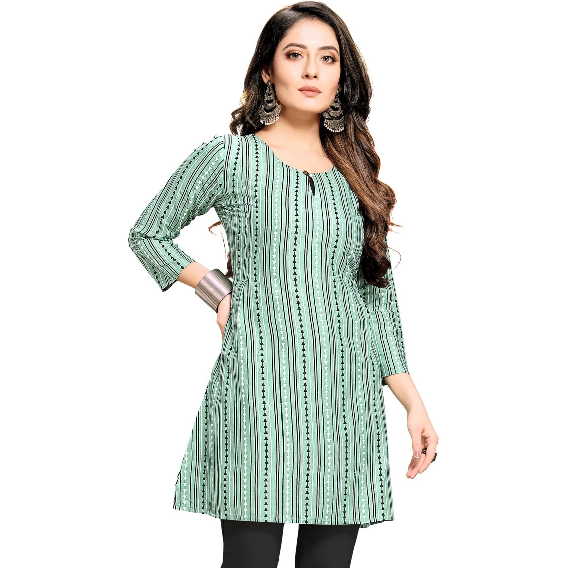 Shiv Textiles Rayon Fabric Printed Round Neck Short Kurtis For Women Top Dresses Kurti For Ladies & Girls Kurtis (Pista_S)