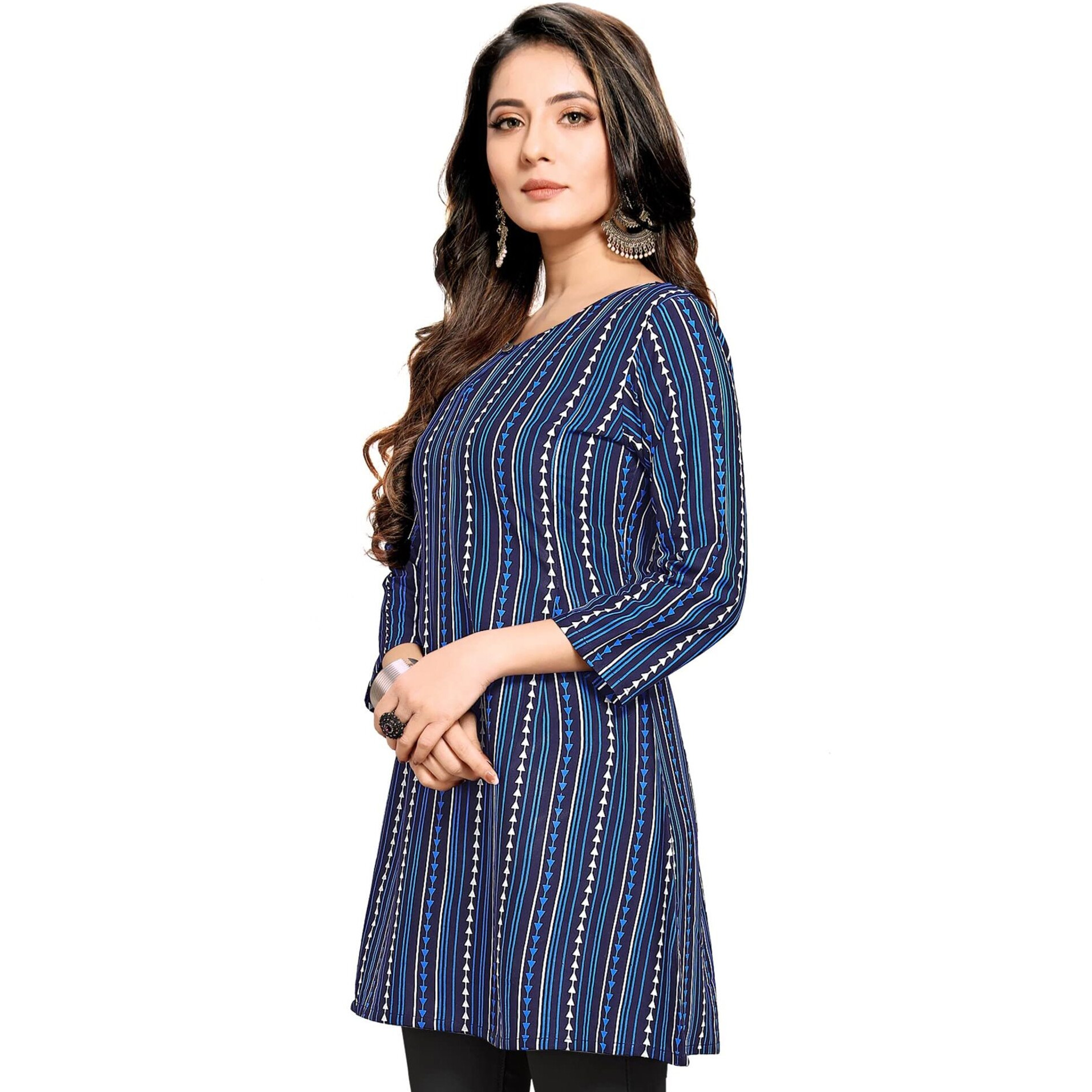 Shiv Textiles Rayon Fabric Printed Round Neck Short Kurtis For Women Top Dresses Kurti For Ladies & Girls Kurtis (Navy Blue_M)