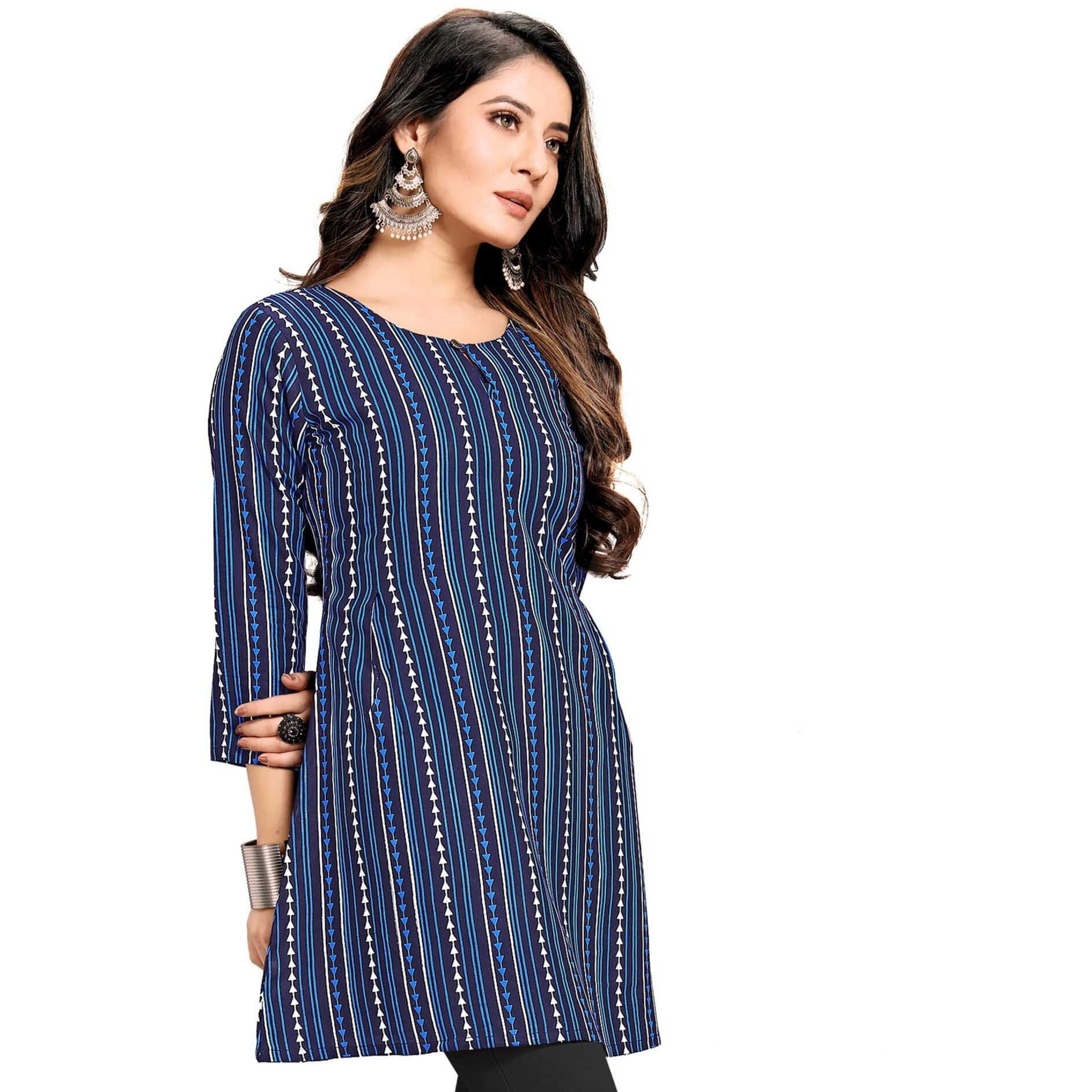Shiv Textiles Rayon Fabric Printed Round Neck Short Kurtis For Women Top Dresses Kurti For Ladies & Girls Kurtis (Navy Blue_M)