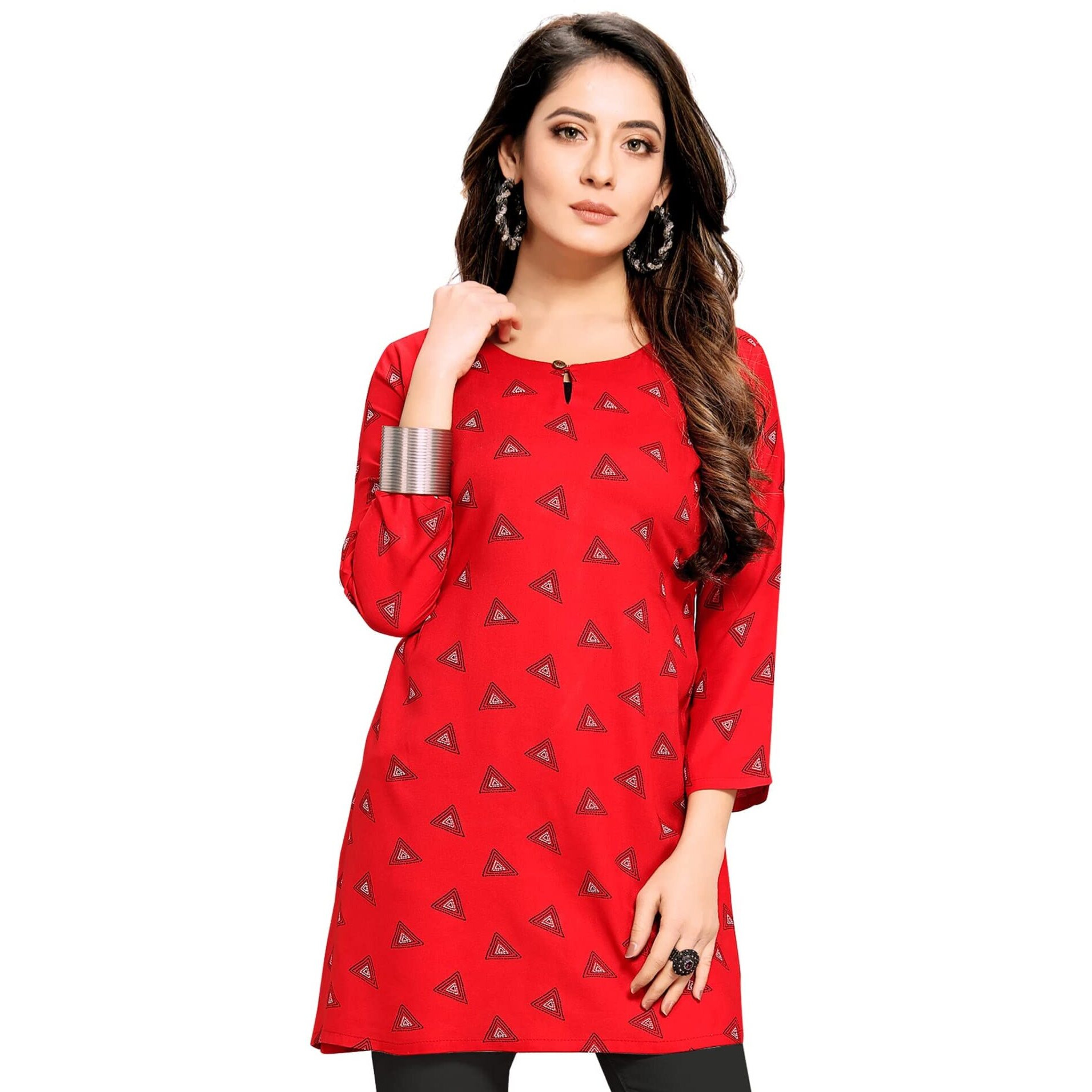 Shiv Textiles Rayon Fabric Printed Round Neck Short Kurtis For Women Top Dresses Kurti For Ladies & Girls Kurtis (Red_M)
