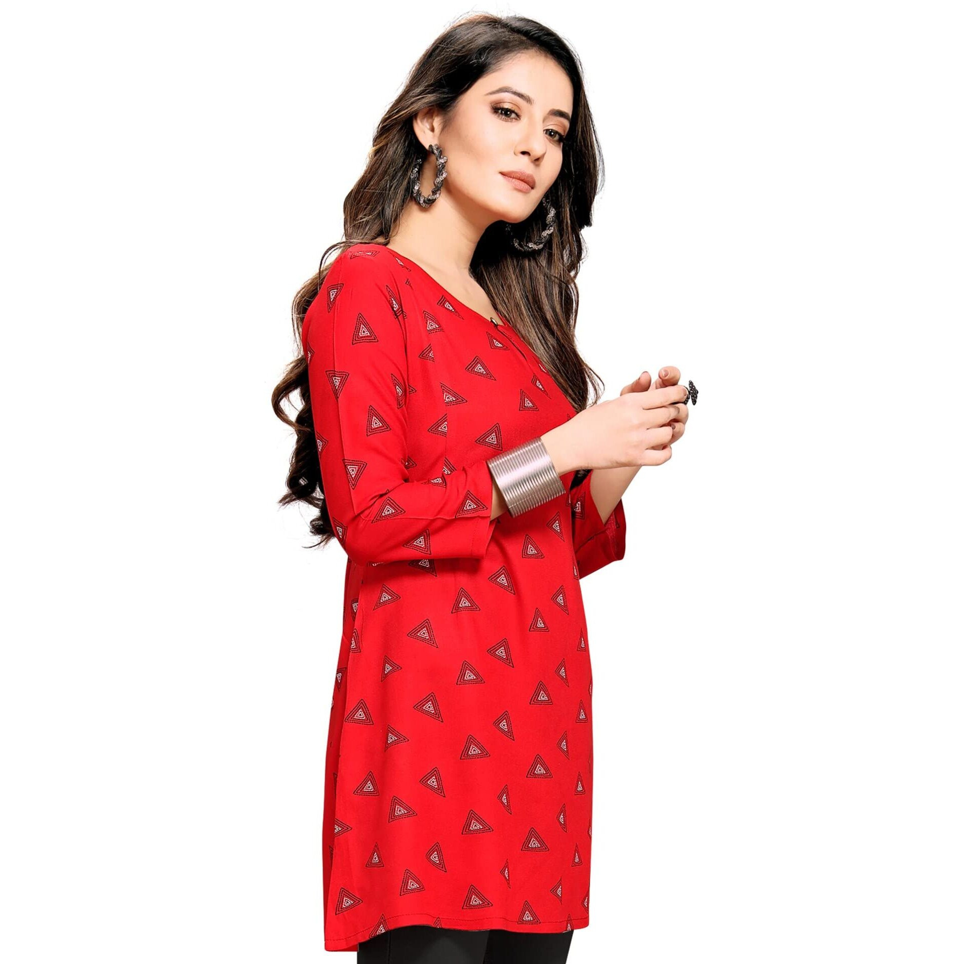 Shiv Textiles Rayon Fabric Printed Round Neck Short Kurtis For Women Top Dresses Kurti For Ladies & Girls Kurtis (Red_M)