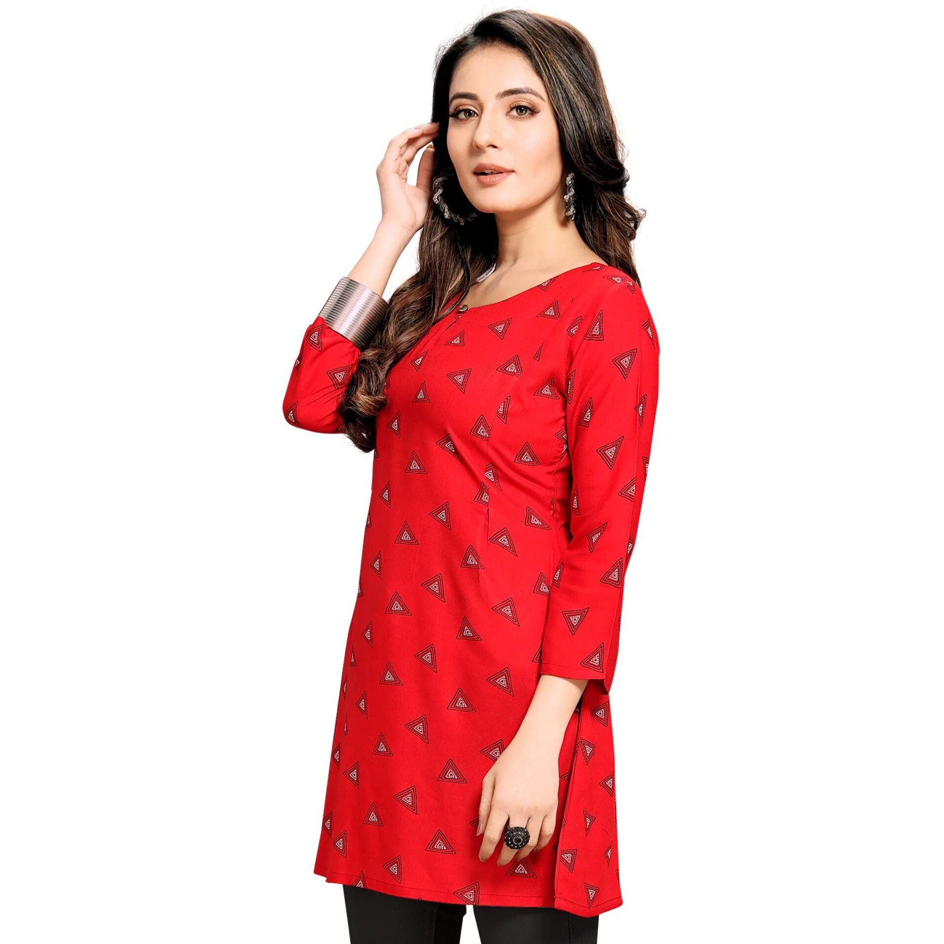 Shiv Textiles Rayon Fabric Printed Round Neck Short Kurtis For Women Top Dresses Kurti For Ladies & Girls Kurtis (Red_M)