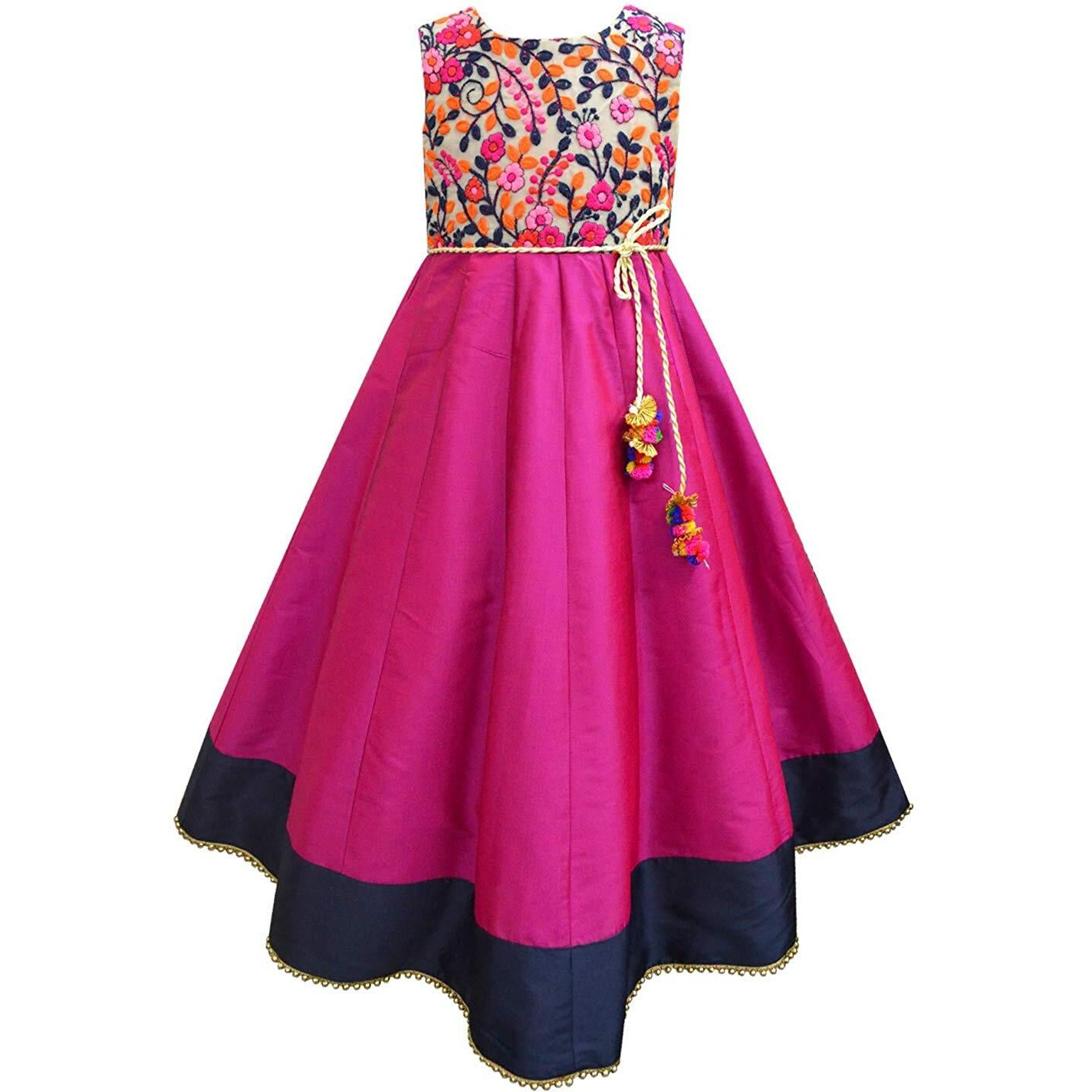 A.T.U.N. (All Things Uber Nice) Girl's Synthetic Long Bottom Dress (Ggwn Ksg_Fuschia_13-14Years), Pink, 13-14 Years