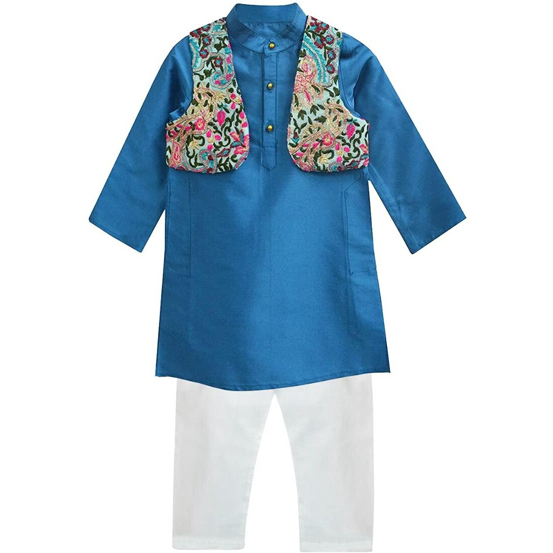 A.T.U.N. All Things Uber Nice Baby-Boy's Regular Kurta Pyjama Jacket Set (Bkls Krp_Turquoise-White 0-3 Months)