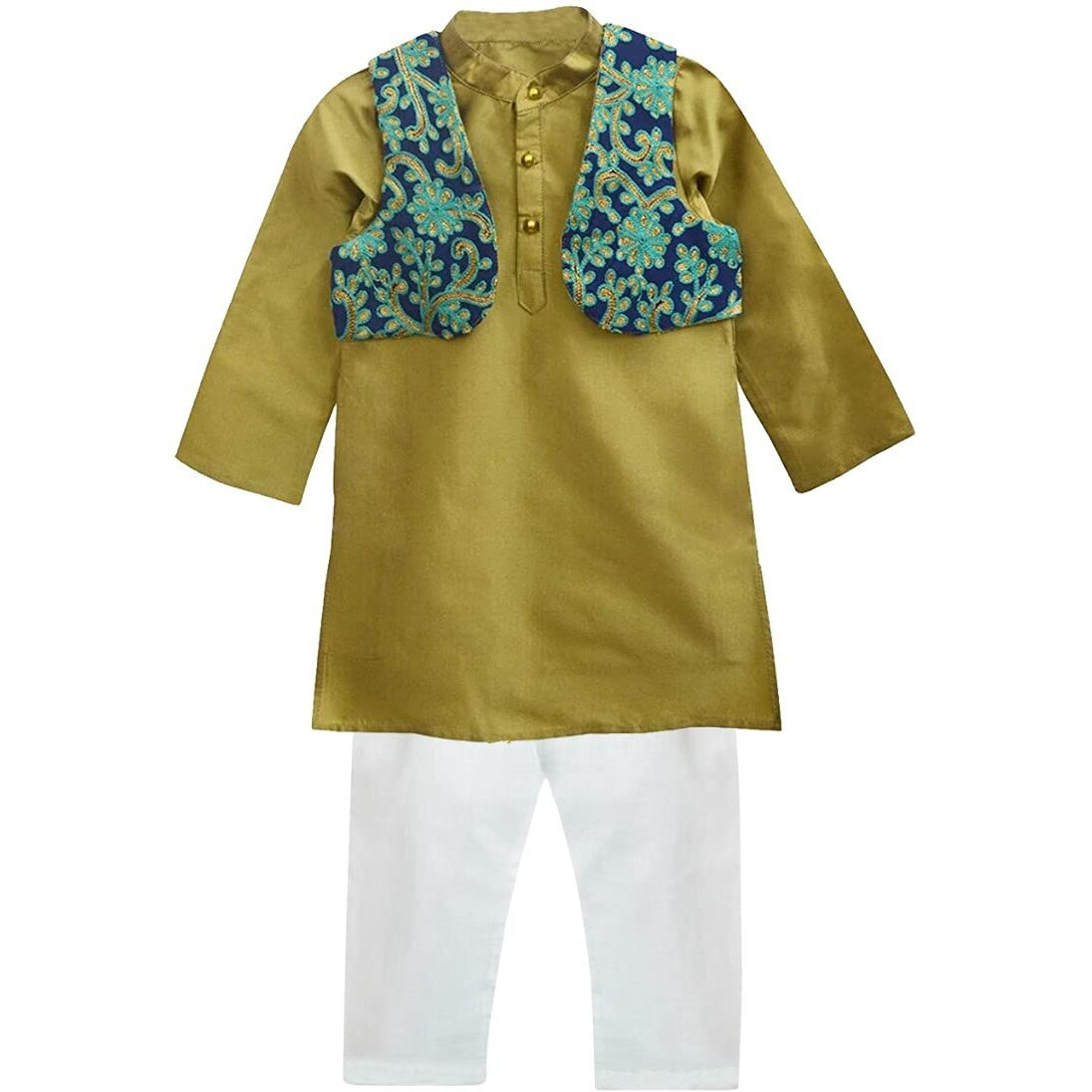 A.T.U.N. All Things Uber Nice Baby-Boy's Regular Kurta Pyjama Jacket Set (Bkls Krp_Antique Gold-White 0-3 Months)