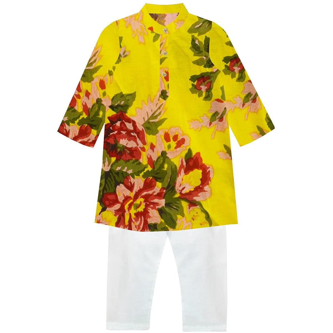 A.T.U.N. (All Things Uber Nice) Boy's Regular Kurta Pyjama Set (Bkls Flw_Yellow-Multi-White 5-6 Years)