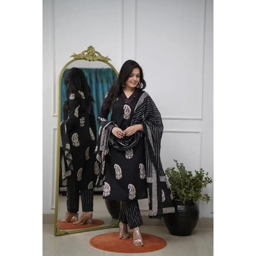 Fabnex Kurta Set For Women | Women Kurti Pant Set (K-160-Black-2Xl)
